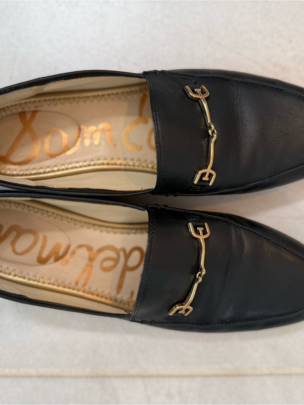 Sam Edelman Loraine Black Leather Loafers with Gold Horsebit - Picture 3 of 5